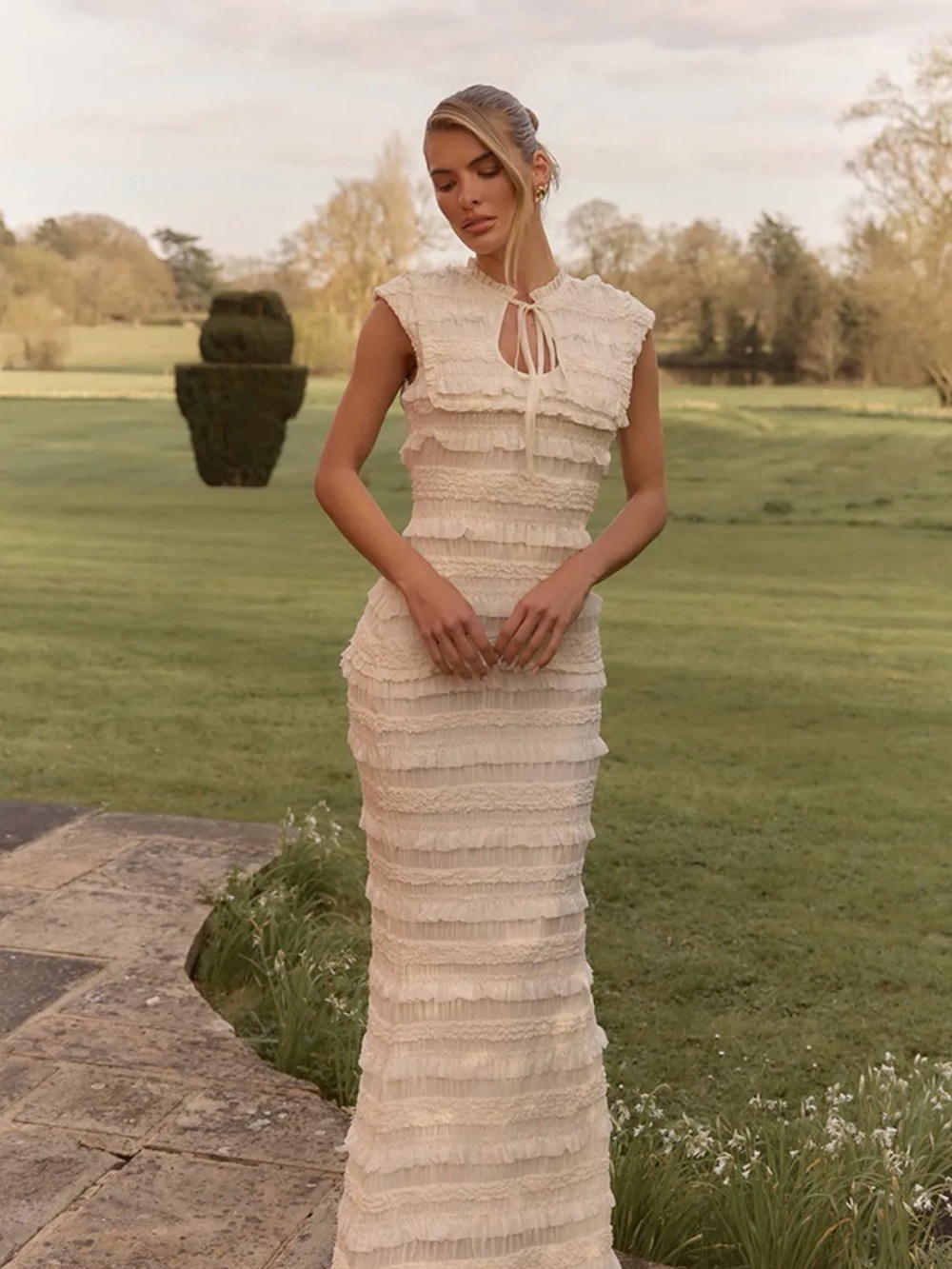Elegant Ivory Tiered Ruffle Maxi Dress
